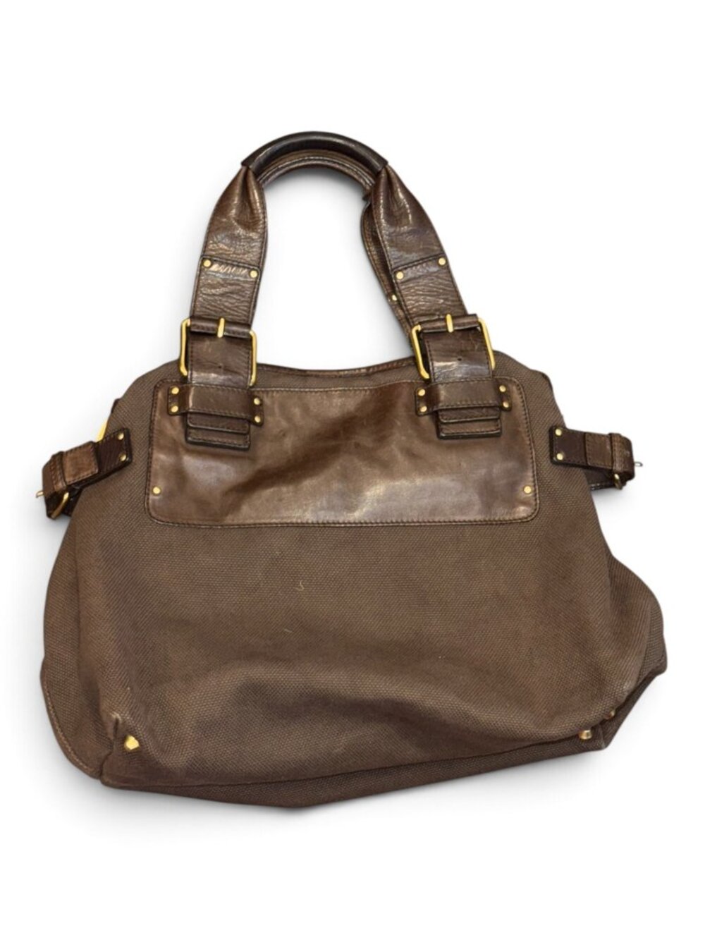 Chloé Large Brown Canvas & Leather Tote Bag With Gold Accents Spacious Design & - Picture 3 of 10